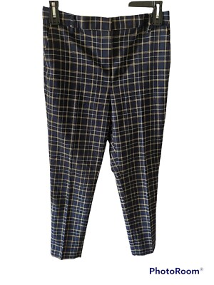 Crown Ivy Navy Blue Yellow White Plaid Pants Preppy Flat Front