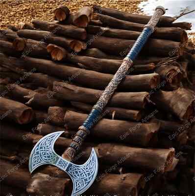 Custom Handmade Viking Double Headed Axe   Engraved Steel Blade, Ash Wood Handle