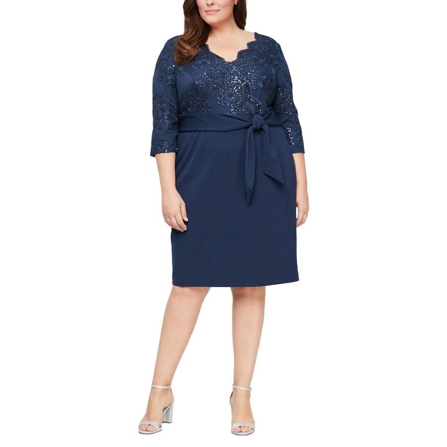 Alex Evenings Women's Short Lace Bodice Dress with Bow (Petite and Reg Alex Evenings Women\u0027s Slimming Short Ruched Dress with Ruffle