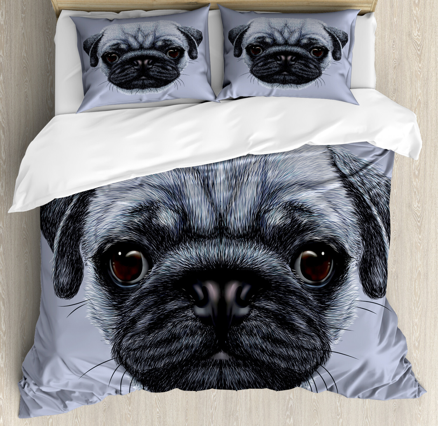 Pug Duvet Cover Set with Cute Puppy Design and Big Eyes Print  -image