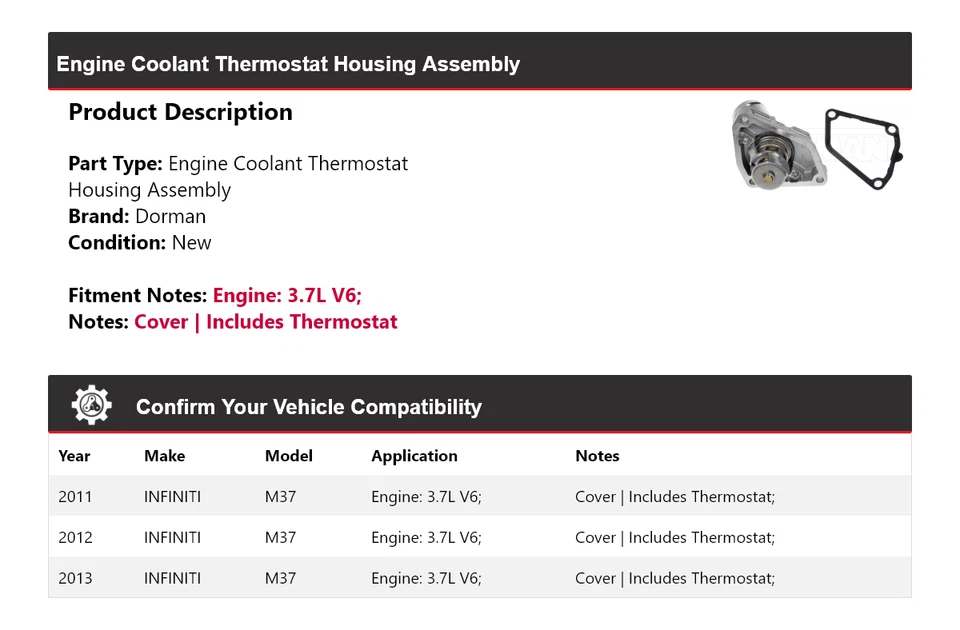 Conjunto de carcasa termostato Dorman 2012 para Infiniti M37 3,7 L 2011-2013 Foto 2 de 4