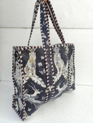 Indian Black Monkey Printed Quilted Shoulder Bag Women's Beach Cotton Handbag US