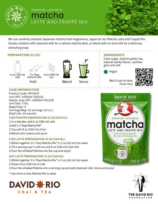 David Rio Matcha Latte & Frappe Mix 3lb Standup Pouch