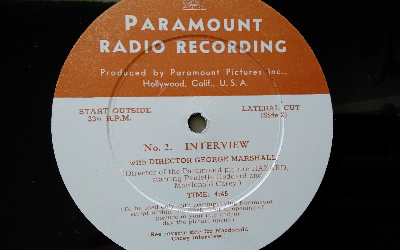 Macdonald Carey - Paramount Pictures Radio Recording #RR-16204 “Hazard”  