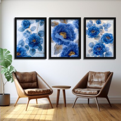 Blue Floral Art Prints Elegant Botanical Wall Art Blue Flowers Set Of 3 ...
