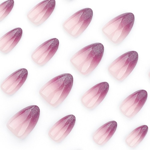 24Pieces Elegant Shimmery Press On Nail Gradients Purple Short Almond Faux Nail - Picture 5 of 8