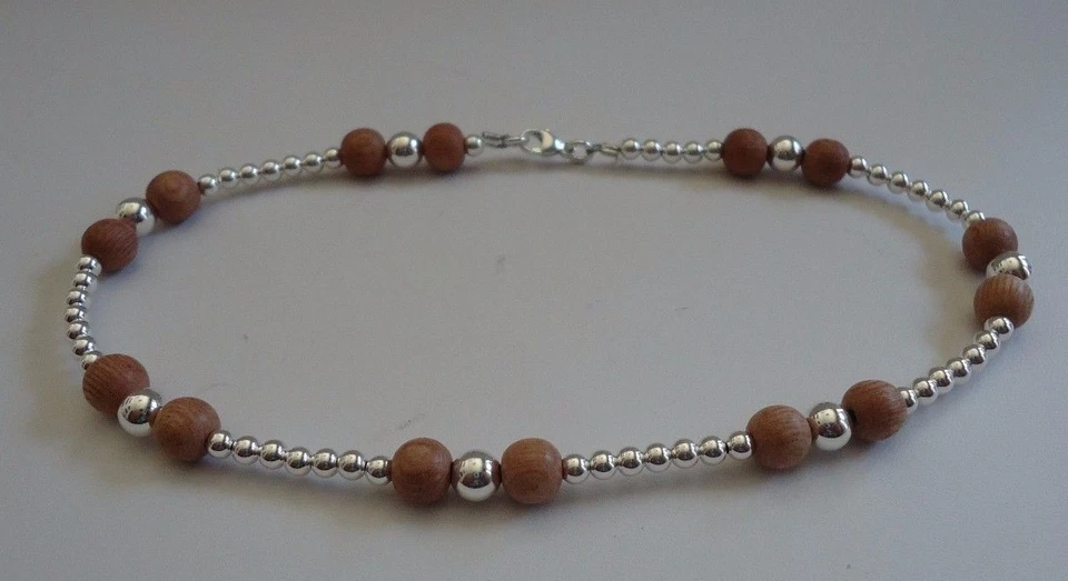 PULSERA TOBILLO PLATA ESTERLINA 925 CON SEMILLAS DE MADERA PIEDRAS PRECIOSAS / BLOQUEO LANGOSTA Foto 2 de 4