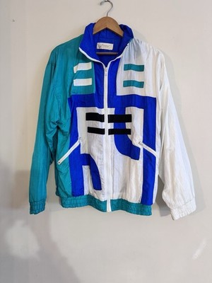 80s 90s Windbreaker Janeva Color Block Statement Bold Blue Teal White Spring Tea