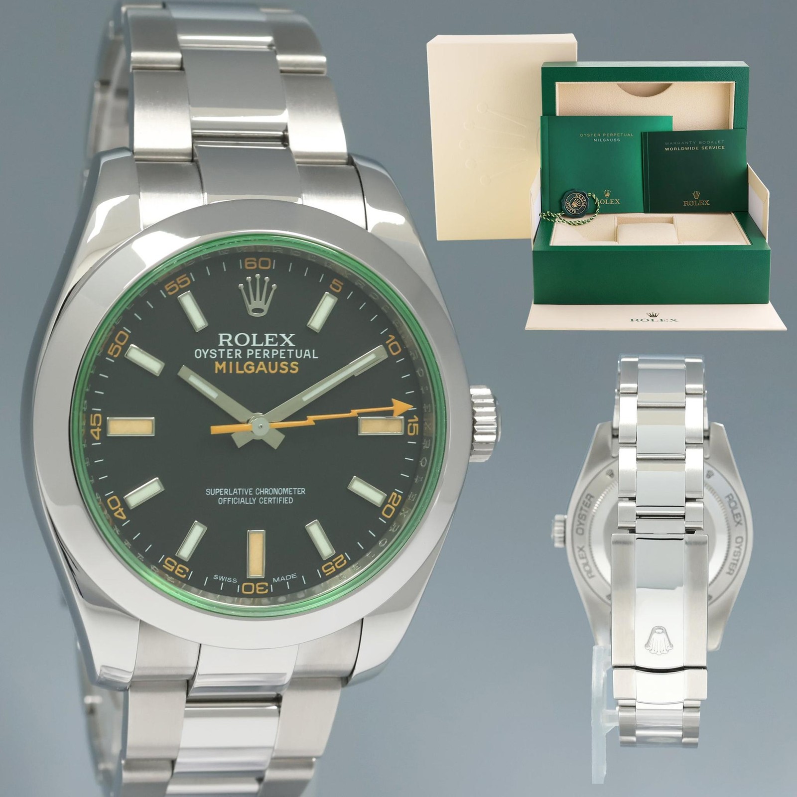 MINT Rolex Milgauss Green Anniversary Orange Black 116400GV Steel Watch Box