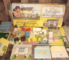 Vintage Marx Tin Litho Two Story Colonial Dollhouse 4051 w/Box Furniture Read