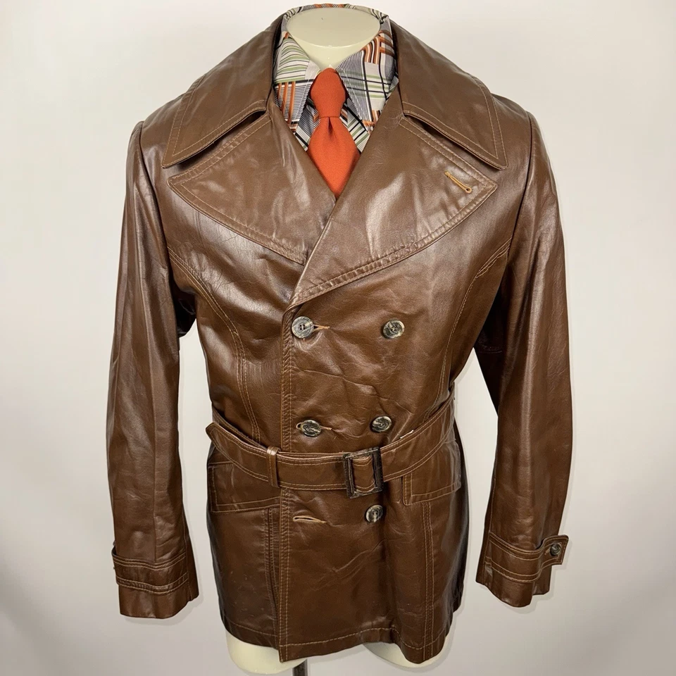 Chaqueta de cuero gris vintage para hombre 46 gabardina con cinturón discoteca mod dandy años 60 70 Foto 2 de 4