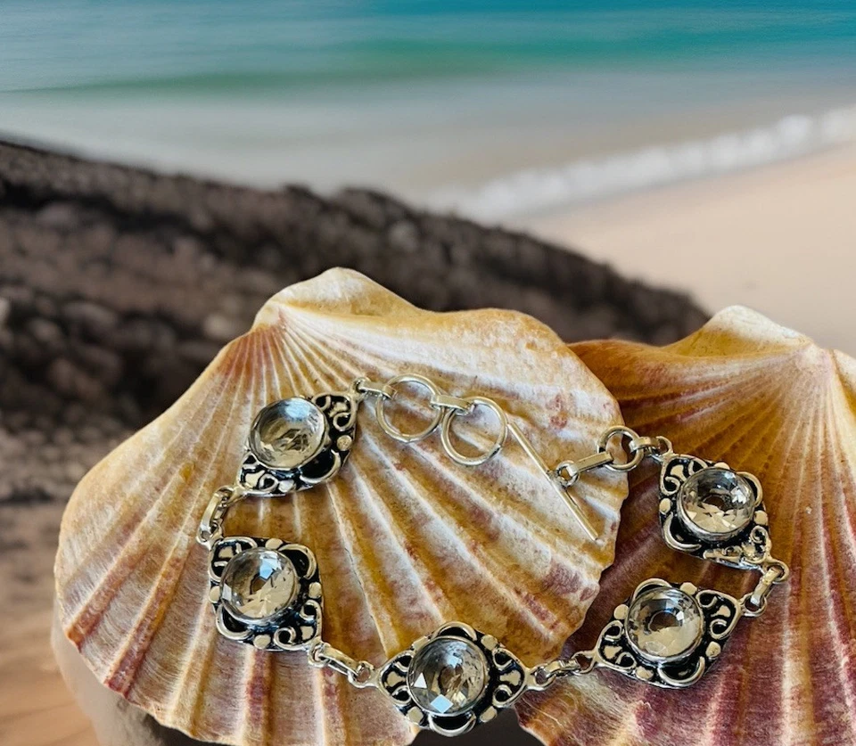 Pulsera Cristal Topacio Blanco 21cm Largo - Chapada en Plata de Ley 925 - Nueva Foto 2 de 4