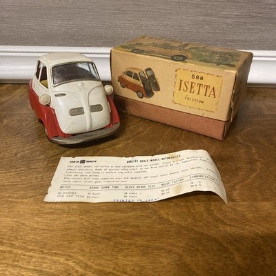 Bandai BMW Isetta Friction Car B-588 Box and Paper Ad Tin Made In Japan Vintage