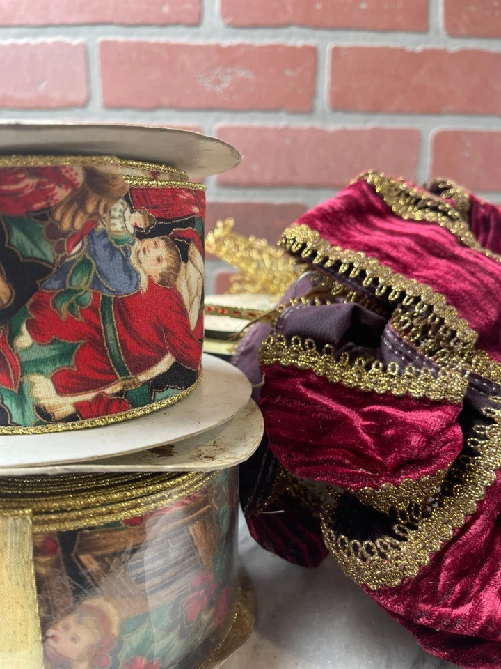 HUGE Lot 14 Rolls Vintage Christmas Wired Ribbon Velvet Brocade Trim 90s Craft - Image 3 of 4
