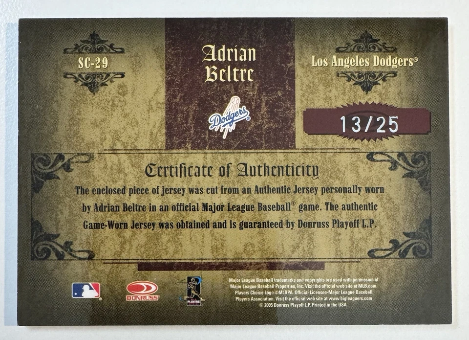 Donruss Timeless Treasures Adrian Beltre 2005 campeones estadísticos automático #/25 Foto 2 de 2