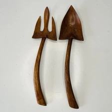 Wood Salad Servers Spoon and Fork Curved Handles Vintage 2 Pc Set 12"