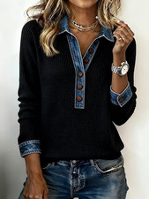 Ribbed Knit with Denim Print Trim Long Sleeved Top ~ Size Large