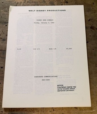 Walt Disney Productions Disney News Summary Jan 3 1986 Corporate Communications