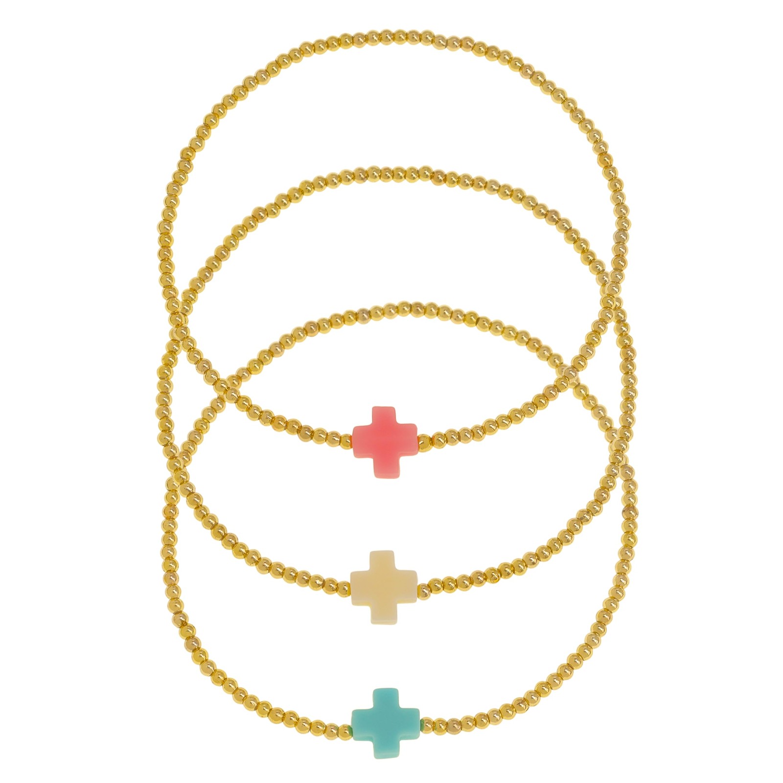 Gold Beaded Stack Pink Beige Turquoise Cross Bracelets Stack Set for Women, 4Pcs