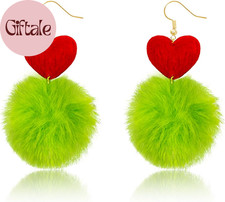 Geinch Christmas Pom Pom Earrings, Lightweight Christmas Earrings for Women, Gre