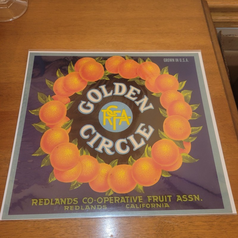 ORIGINAL GOLDEN CIRCLE ORANGE CRATE LABEL REDLANDS CALIFORNIA C1940S VINTAGE