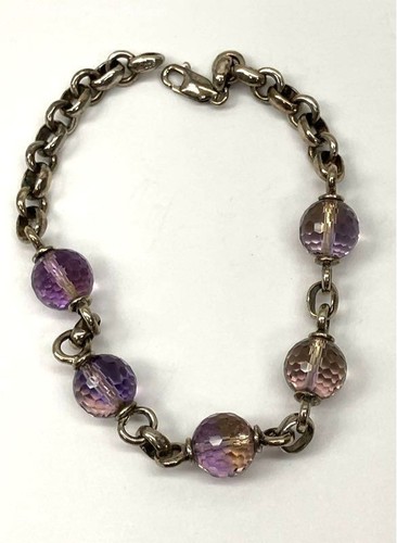 13.0g Sterling Silver Amethyst Beaded Chain Bracelet 7"