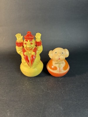 2 Vintage Small Plastic Roly Poly Clown & Dog (some Discoloration)