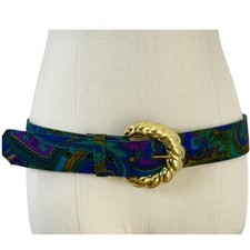 Vintage 90s Paisley Leather Belt Gold Buckle Adjustable Waist 31-35 Boho