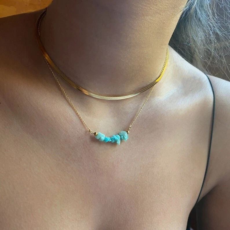 Collares de mujer de 18"" con barra de cadena dorada cuentas de piedras preciosas de astillas lisas sin cortar de amazonita Foto 3 de 4