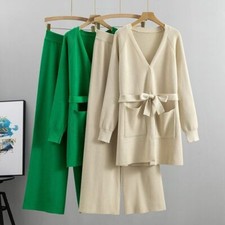 Knitted Suit Women Long Sleeve Sweater Leg Pants Sets Long Cardigan Outfits