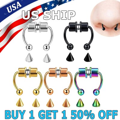 Magnetic Non-Piercing Fake Nose Rings Septum Segment Helix Club Clickers Punk US