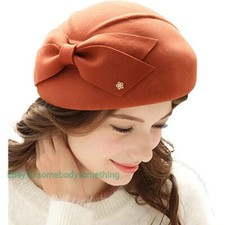 Women Orange Wool Blend Felt French Berets Bowler Fedora Cloche Church Hats Caps