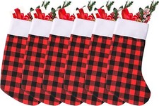 6PACK 18in Buffalo Red Black Plaid Christmas Stockings Gift Storage Bag Hangers
