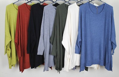 Neu Oversize italienischer kastiger Damenpullover U-Ausschnitt seitliche Knöpfe Design bequem Oberteil