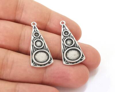 2 Dangle Drop Ethnic Charm Blank Base Antique Silver Plated 32x15mm G25822