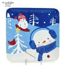 St. Nicholas Square LET IT SNOW 9.25" Salad Plate Snowman Family Blue Mint