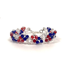 Crystal Glass Bead Bracelet-Handwoven-Patriotic USA Flag Red White Blue 6.5-7.5"