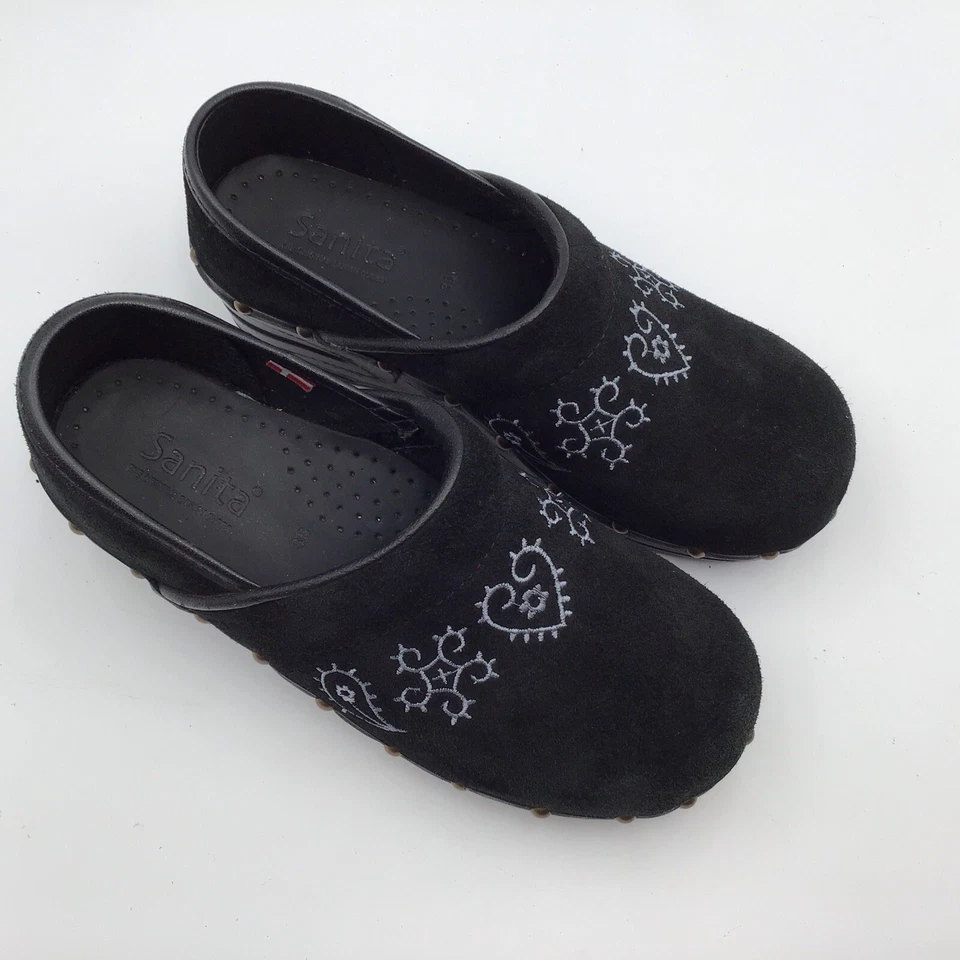 Zuecos Sanita para mujer 6, EU 36 negro gamuza/blanco bordado sin cordones cómodo trabajo Foto 2 de 4