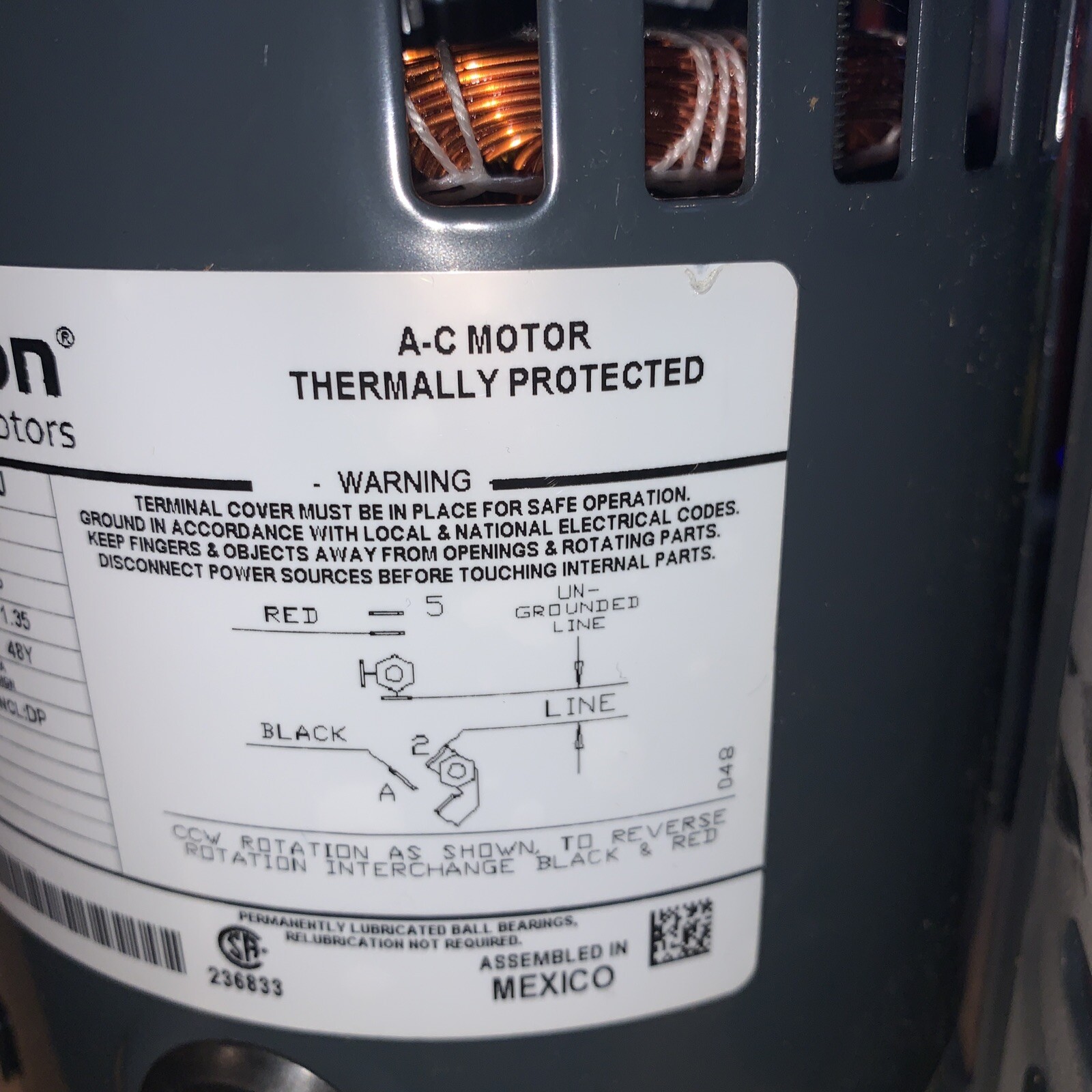 MARATHON B206 1/4 HP 1725 RPM 115 VoltMOTOR 48Y FRAME WQA 48S17D2107F J