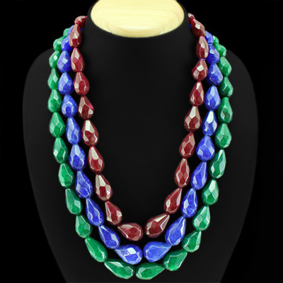 1282.00 CTS VERBESSERTE RUBIN-, SMARAGD- & SAPHIRBIRNENSCHNITT PERLEN 3-ZEILIGE HALSKETTE (RS)