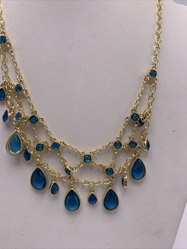 NWT BROOKS BROTHERS Gold Tone Blue crystal Frontalnecklace 20” Signed Js847 - Picture 3 of 4