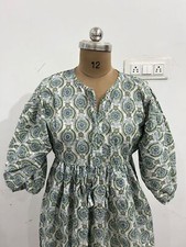 Cotton White Green Floral Printed Maxi Gown, Deep Neck Dress Women's Clothing US