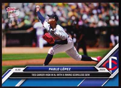 Pablo Lopez Twins 14 SO's 8 Scoreless Gem vs A's 2024 Topps Now #337 Blue 36/49