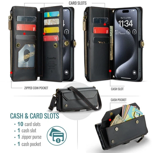 For iPhone 16 15 14 13 12 Pro Max Plus Case Wallet Leather ZIP Bag Strap Cover - Picture 23 of 84