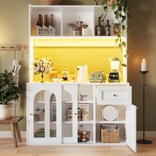 Küchenschrank Hochschrank Vitrine Buffetschrank m/ LED-Beleuchtung Landhaus Weiß