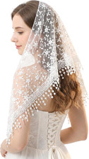 White Catholic Veil Women Lace Mantilla Chapel Head Covering Triangle 48.8"