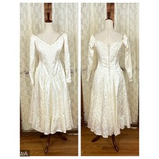 Gorgeous Vintage 1980s Brocade Off Shoulder Tea Length Wedding Dress