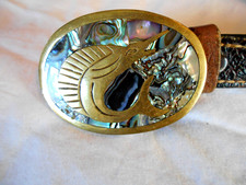 Vintage Hecho Mexico Belt Buckle Leather Belt Abalone Inlay 3 X 2" Pearl Brass
