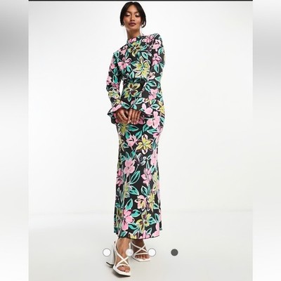 Vila floral high neck maxi dress with cuff detail-Size EU 38