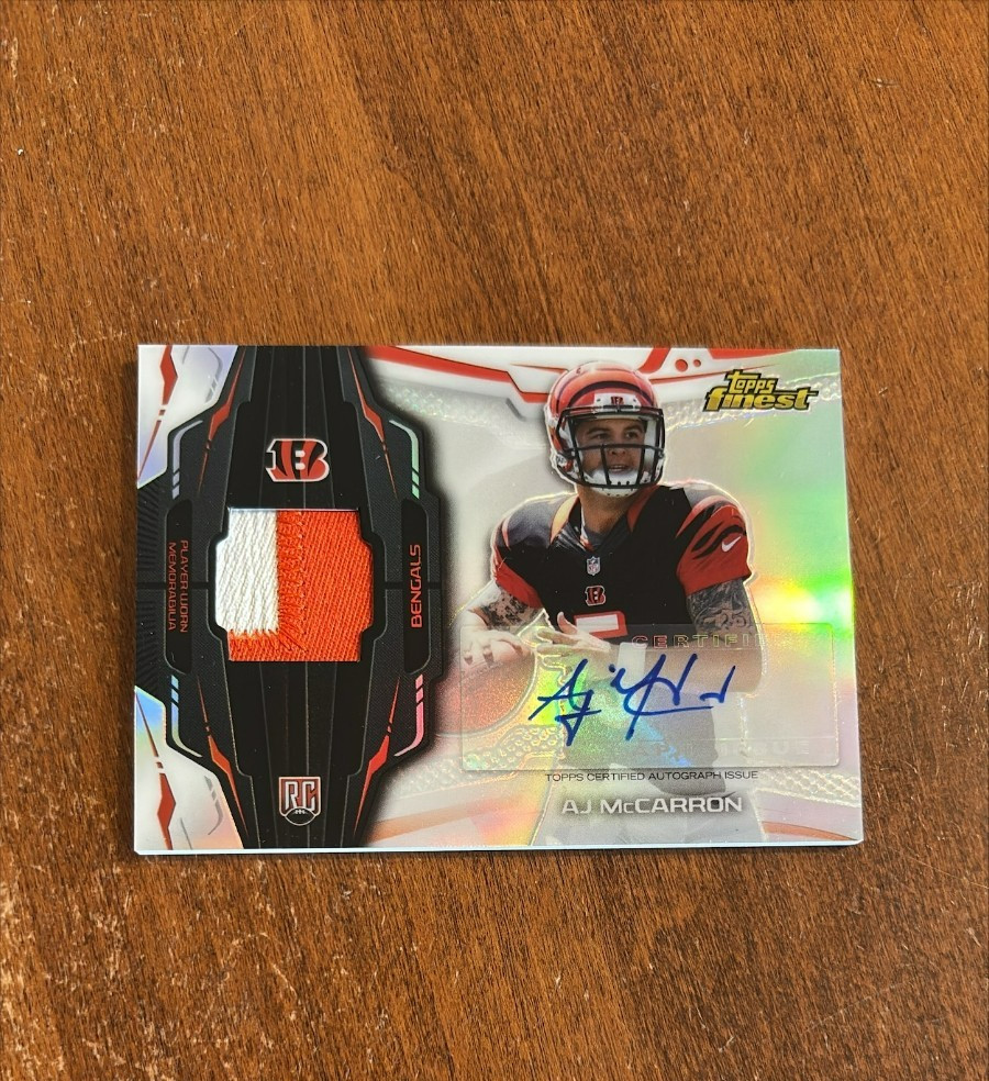 AJ McCarron 2014 Topps Finest Rookie Patch Auto Alabama Bengals Stallions RC